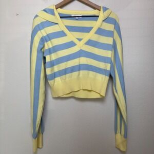 Cherry Mellow Women Crop Sweater Large Stripe‎ Preppy V-Neck Hooded Kidcore